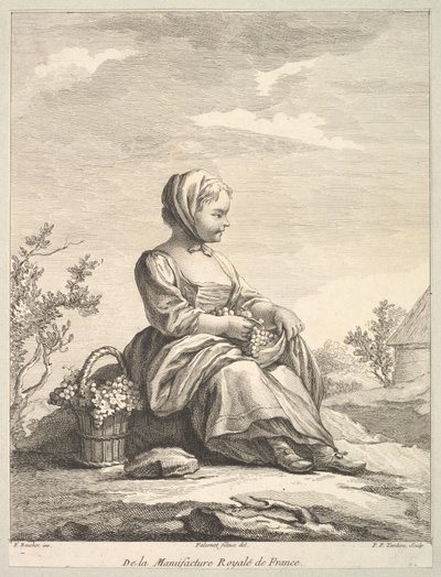Holčička držící hrozny s košíkem po boku, z Deuxième Livre de..., po roce 1757. od Pierre François Tardieu
