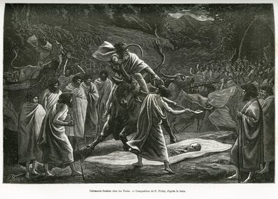 Pohřební obřad pro Todas, malou pastorační komunitu na náhorní plošině Nilgiri (jižní Indie), během pohřbu je obětován dobytek. Rytina P.Fritela, pro ilustraci recitálových suvenýrů z plavby do Nilgherries, od Madame Janssen, v 1. od Pierre Fritel