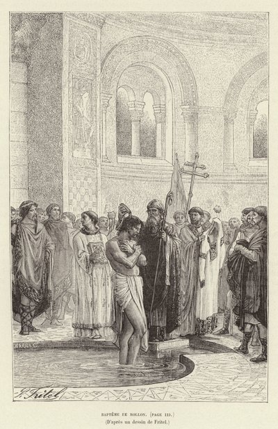 Bapteme de Rollon. Baptism of Rollo, první vládce Normandie, c911 (rytina) od Pierre Fritel