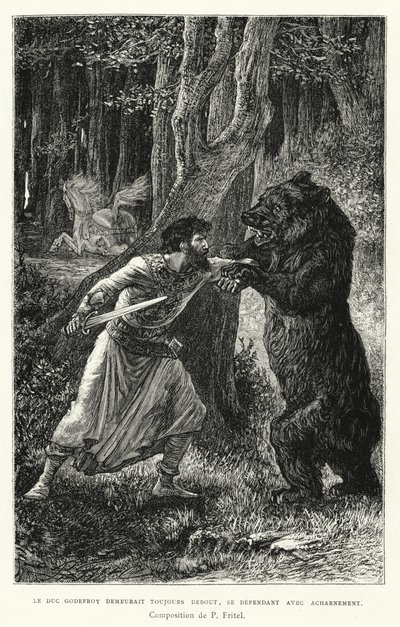 Vévoda Godfrey stále zůstal stát a zuřivě se bránil (rytina) od Pierre Fritel
