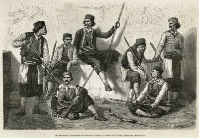 Krivosciané, horolezci z Bouches de Cattaro (nebo Kotor, zátoka na západním pobřeží Černé Hory), zbraně k odolání síle pronikání do rakouských jednotek. Rytina podle kresby P. Fritele, pro ilustraci plavby do Dalmácie, od C od Pierre Fritel