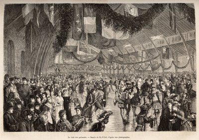 Montrealský klub bruslařů na schůzce na kostýmovém bruslařském večeru, vyrytý podle kresby P. Fritela, ilustrující exkurzi do Kanady a Riviere Rouge du nord, od H. De Lamotte, v roce 1873, publikované v „Le tour du monde”” 1875, editoval Edo od Pierre Fritel