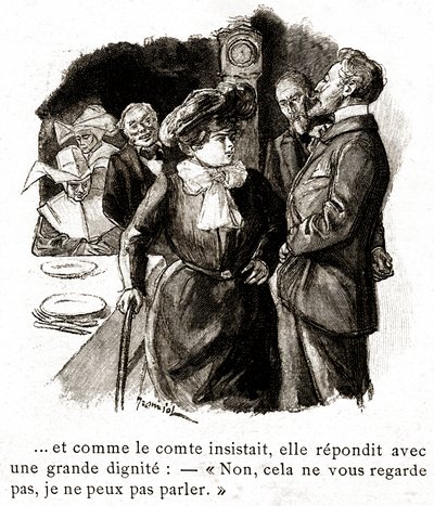 "Boule de Suif": Elisabeth Roussetová odmítá odpovědět hraběti, počátek 20. století (ilustrace) od Pierre Georges Jeanniot