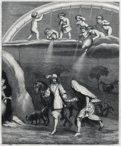 Enee a Didon překvapil déšť v lese. Ilustrace "" Virgil transvestite "" od Paula Scarrona (1610-1660), parodie na "L
