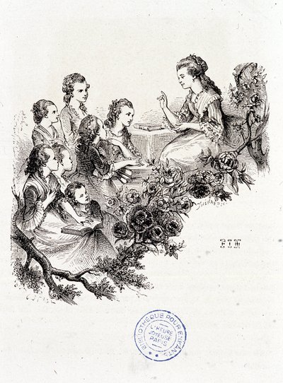 Mladá hospodyně vypráví příběh skupině dětí – v „Le magasin des enfants““ od paní Leprince de Beaumont, nemocné. Staal, Garnier od Pierre Gustave Eugene Staal