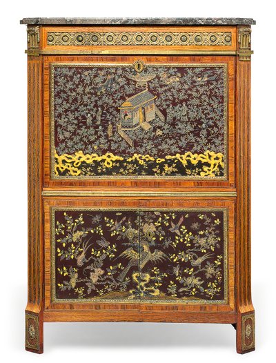 Louis XVI Secretaire a Abbatant, konec 18. století (mramor, kůže, královské dřevo montované na ormolu, tulipánové dřevo, amarant, perletí vykládaný čínský lak a japonština) (viz také 3479849) od Pierre Harry Mewesen