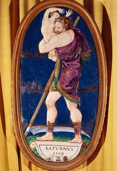 Plaketa zobrazující Saturn, z Chateau de Madrid, Neuilly, 1559 (malovaný smalt) od Pierre I Courteys