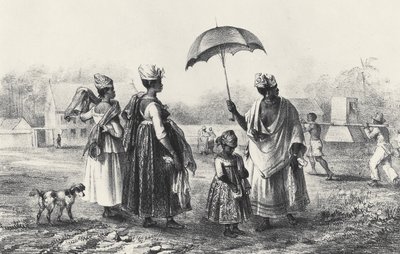 Obchodníci s otroky s dětmi, z „Voyage a Surinam“, 1839 (litho) (černobílá fotografie) od Pierre J. (after) Benoit