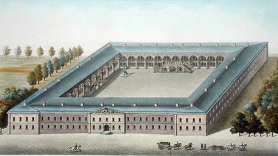 Pěchotní kasárna v Ypres, z „Výběr z nejvýznačnějších památek, budov a domů Nizozemského království“ od Pierra Jacquese Goetghebuera, vyryto W. Lobry (nar. 1774), vydáno 1827 (akvatinta) od Pierre Jacques (after) Goetghebuer