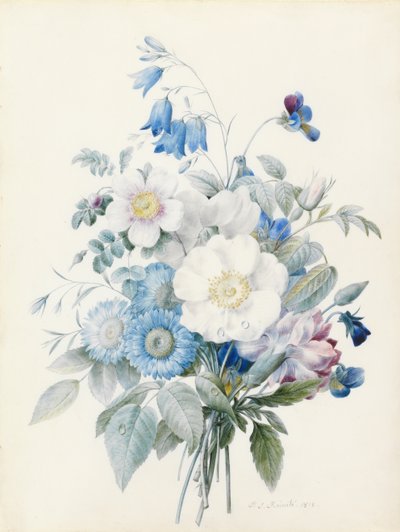Blaue Astern, Rosa spinosissima (Hybrid), Glockenblume, Veilchen, Nelke und eine Wildrose von Pierre-Joseph Redouté