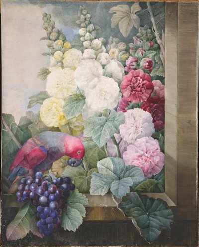 Hollyhocks, hrozny a papoušek, 1836. od Pierre Joseph Redouté