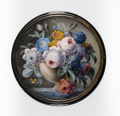 Krabice z želvoviny s miniaturou květin v kamenné váze na mramorové desce, 1827 (wc a tělová barva na kartě, zasazeno pod sklo v paspartě z pozlaceného kovu) od Pierre Joseph Redouté