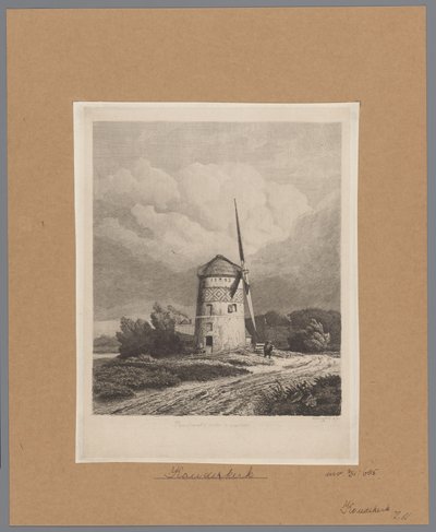 Pohled na Steenenmolen nebo Rembrandtův větrný mlýn v Koudekerk aan den Rijn Rembrandtův větrný mlýn v Koukerku (titul na objektu) od Pierre Louis Dubourcq