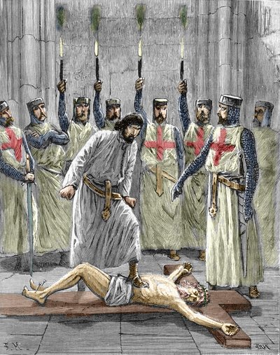 Kacířství templářů: znázornění obřadu vstupu rytíře do chrámového řádu, templář je podle doznání zveřejněných po jejich zatčení a soudu v roce 1307 nucen zapřít Krista a pošlapat kříž během od Pierre Mejanel