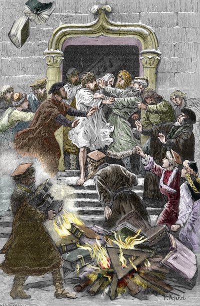 Socinianismus a Malá polská církev: Obyvatelé Krakova pálí díla Fausta Socina (Faust Socin nebo Fausto Sozzini) (1539-1604) na veřejném náměstí, čímž ho zavazují k účasti na autodafe v roce 1598 (Socinianismus a polští bratři: pálení od Pierre Mejanel