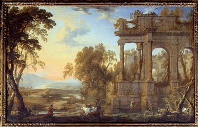 Krajina s ruinami a pastýři Malba Pierra Patela the Pere (1605-1676) Slunce ze 17. století. 0,53x0,83 m od Pierre Patel