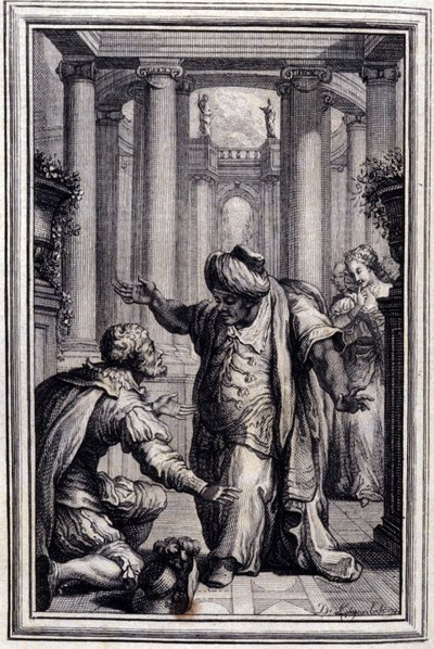 Malý pejsek, který hází penězi a kameny - v "" Příběhy a povídky ve verších"" od Jean La Fontaine. 1776. Ilustrace P. P. Choffard. od Pierre Philippe Choffard