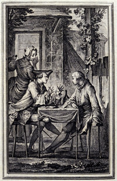 ucho nebo mušlí raccomoder. V „”Tales et nouvelles en vers”” od Jean de La Fontaine, Amsterdam 1776. ilustroval P.P.Choffard. od Pierre Philippe Choffard