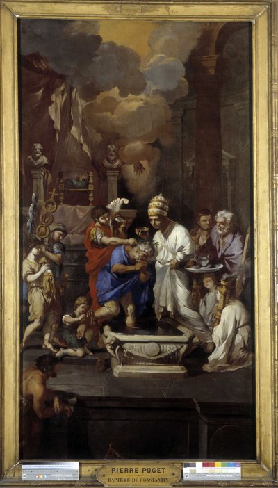 Konstantinův křest: Císař Caius Flavius Valerius Aurelius Constantinus přijímá svátost od papeže Silvestra I. (svatého) v bazilice sv. Jana Lateránského v Římě od Pierre Puget