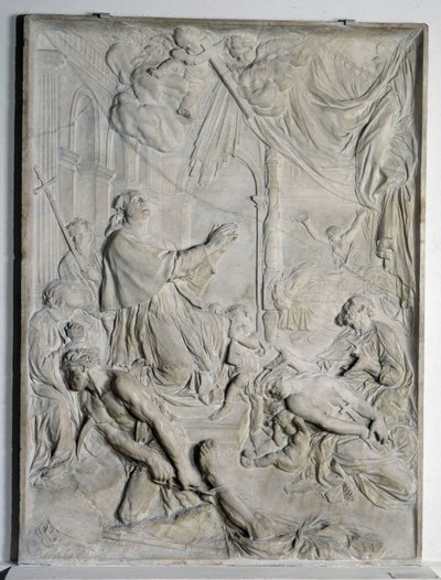 nízký reliéf milánského moru - svatý Karel Boromejský (San Carlo Borromeo) (1538-1584, kardinál a arcibiskup milánský) modlí (mramor) od Pierre Puget