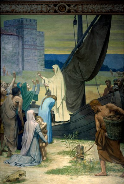 Sainte Genevieve zásobuje Pařížany obležené armádou Attily, krále Hunů. Freska od Pierra Puvise De Chavannes (1824-1898) Paříž 19. století. Panteon od Pierre Puvis de Chavannes
