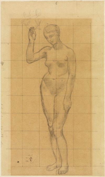 Stehender Frauenakt, schräg nach links, einen Kranz in der erhobenen Rechten od Pierre Puvis de Chavannes