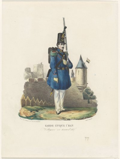 Belgische burgerwacht op wacht, 1830 Občanská garda 1r Ban / Voltigeur v letních šatech (název na objektu) od Pierre Simonau