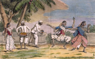 Soubor indiánských tanečnic s mužskými hudebníky, ilustrace z "Voyage aux Indes et a la Chine", vyryl Poisson, 1782 (barevná rytina) od Pierre Sonnerat