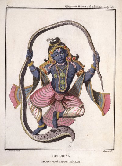 Krišna tančí na hadovi Kaliya, z „Voyage aux Indes et a la Chine“ od Pierra Sonnerata, vyryto Poissonem, vydáno 1782 od Pierre Sonnerat