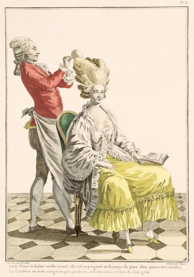 Mladá žena v peignoiru s kadeřníkem, deska 31 z "Galerie des Modes et Costumes Francais", vyryl Dupin, 1778 od Pierre Thomas Le Clerc
