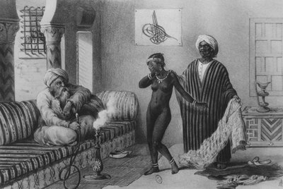 A Young Girl from Timbuktoo Being by a Slave Master in Tripolis in 1854, from "Voyages au Soudan et dans L"Afrique Septentrionale", vyryto A. Adamem, 1850 od Pierre Tremaux