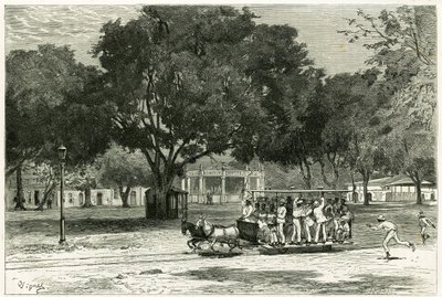 Tramvaj, střelba koňmi, v přístavu Para (Brazílie), na largo Nazaret. Rytina od Vignal, pro ilustraci příběhu „Amazon a Cordilleres““ od Pierre Vignal