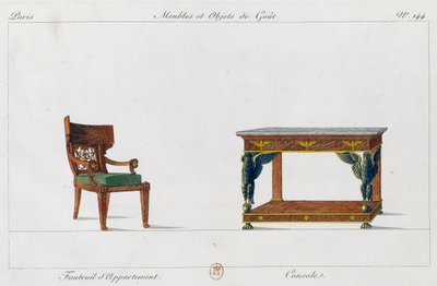 Bytové křeslo a konzola, deska 144, ilustrace z Collection de meubles et objects de gout (Sbírka nábytku a předmětů vkusu) od Pierre de La Mesangere
