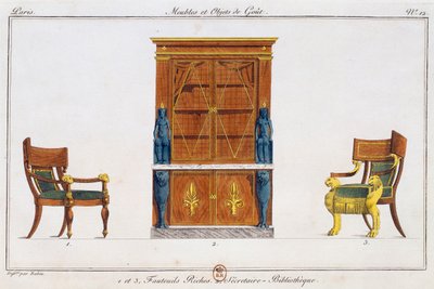 Křesla a knihovna psací stůl, deska 12, ilustrace z Collection de meubles et objects de gout (Sbírka nábytku a předmětů vkusu) od Pierre de La Mesangere
