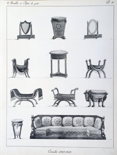 Nábytek dobového konzulátu (1802-1803). Talíř převzat ze sbírky „Sbírka nábytku a předmětů vkusu““ od Pierra de la Mesangere (1761-1831). Paříž. dekorativní umění od Pierre de La Mesangere
