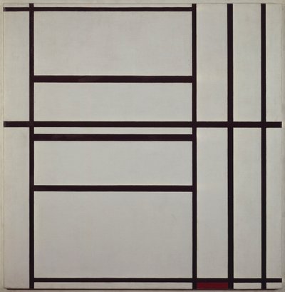 Kompozice č. 1 s šedou a červenou 1938-1939 (olej na plátně upevněné na dřevěné podložce), od Piet Mondrian