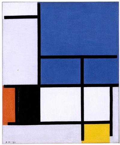 Složení s velkou modrou rovinou, červenou, černou, žlutou a šedou od Piet Mondrian