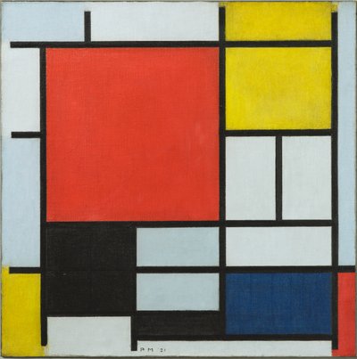 Kompozice s velkou červenou plochou, žlutou, černou, šedou a modrou barvou, 1921 od Piet Mondrian