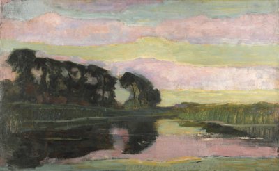 Říční krajina s růžovou a žlutozelenou oblohou, cca 1907-1908. od Piet Mondrian