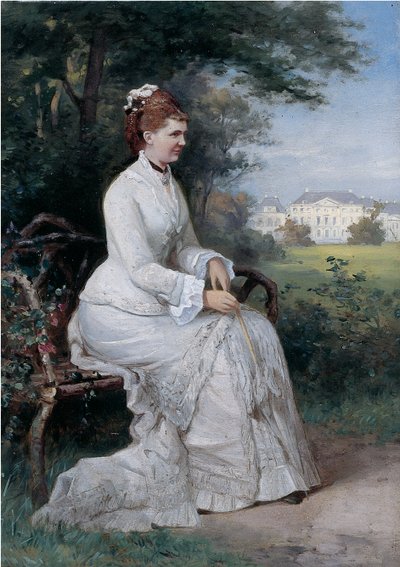 Portrét princezny Emmy von Waldeck-Pyrmont sedící na lavičce v parku paláce Het Loo (olej na palubě) od Piet Schipperus