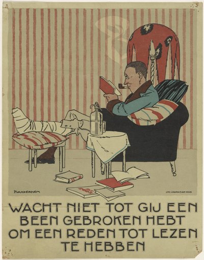 Muž čte se zlomenou nohou v křesle Kampaň na propagaci knihy (název série) od Piet van der Hem