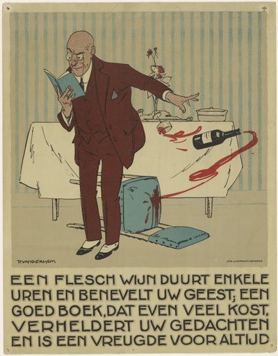Muž, který čte, omylem srazí láhev a sklenku vína ze stolu Kampaň na propagaci knihy (název série) od Piet van der Hem