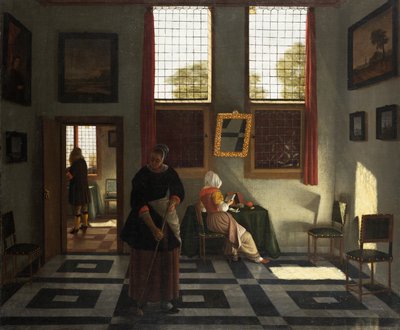 Interiér s malířem, čtoucí ženou a zametající služkou, asi 1665-70 (olej na plátně) od Pieter (1623 82) Janssens