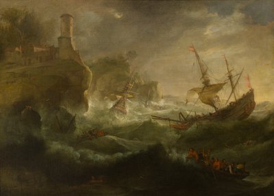 Zakládání lodí u skalnatého pobřeží, kolem 1657-1701 (olej na plátně) od follower of Pieter Mulier