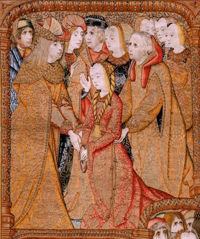 Vlámský gobelín. Série Triumphs of the Mother nebo Paños de Oro. Bůh pošle archanděla Gabriela (Dios envía al Arcángel Gabriel). První tapisérie v sérii. Model Colin de Cooter(?). Výroba Pieter van Aelst (nebo van Edingen), Brusel. Ca1500-1502. F od Pieter (attr. to) Coecke van Aelst