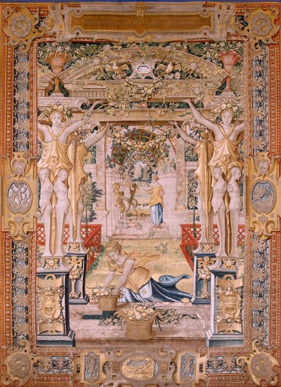 Vlámský gobelín. Série Vertumnus a Pomona. Vertumnus se proměnil ve farmáře. Ve střední části spodního okraje vidíme epizodu o láskách Jupitera: Danaë. Druhá tapisérie v sérii. Modelový kruh Pietera Coeckeho van Aelsta. Výroba Wil od Pieter (circle of) Coecke van Aelst