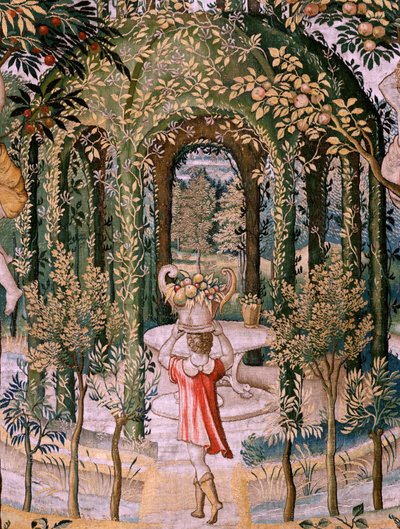 Vlámský gobelín. řada Vertumnus a Pomona; Vertumnus proměněný v zahradníka (Vertumno transformado en jardinero). Pátá tapisérie v sérii. Modelový kruh Pietera Coecke Van Aelsta a Léonarda Thiryho. Výroba Neznámá dílna, Brusel, dříve od Pieter (circle of) Coecke van Aelst