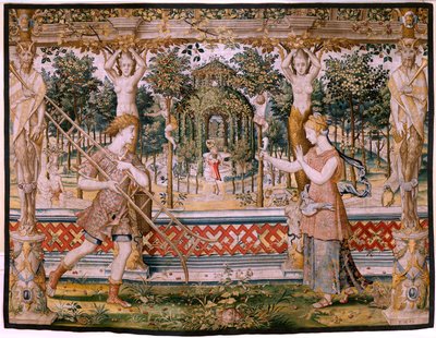 Vlámský gobelín. řada Vertumnus a Pomona; Vertumnus proměněný v zahradníka (Vertumno transformado en jardinero). Pátá tapisérie v sérii. Modelový kruh Pietera Coecke Van Aelsta a Léonarda Thiryho. Výroba Neznámá dílna, Brusel, dříve od Pieter (circle of) Coecke van Aelst
