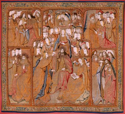 Vlámský gobelín. Série Triumphs of the Mother nebo Paños de Oro. Zvěstování (La Anunciación). Druhá tapisérie v sérii. Model Colin de Cooter (?). Výroba Pieter van Aelst (nebo van Edingen), Brusel. Cca 1500-1502. Tkanina Zlato, stříbro, hedvábí a vlna od Pieter (studio of) Coecke van Aelst