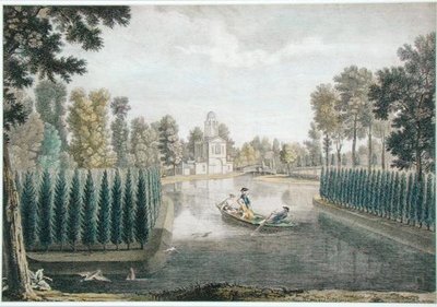 The Water Gardens at Chiswick House, London, c.1720-28 (barevná rytina) (viz také 176474) od Pieter Andreas (after) Rysbrack